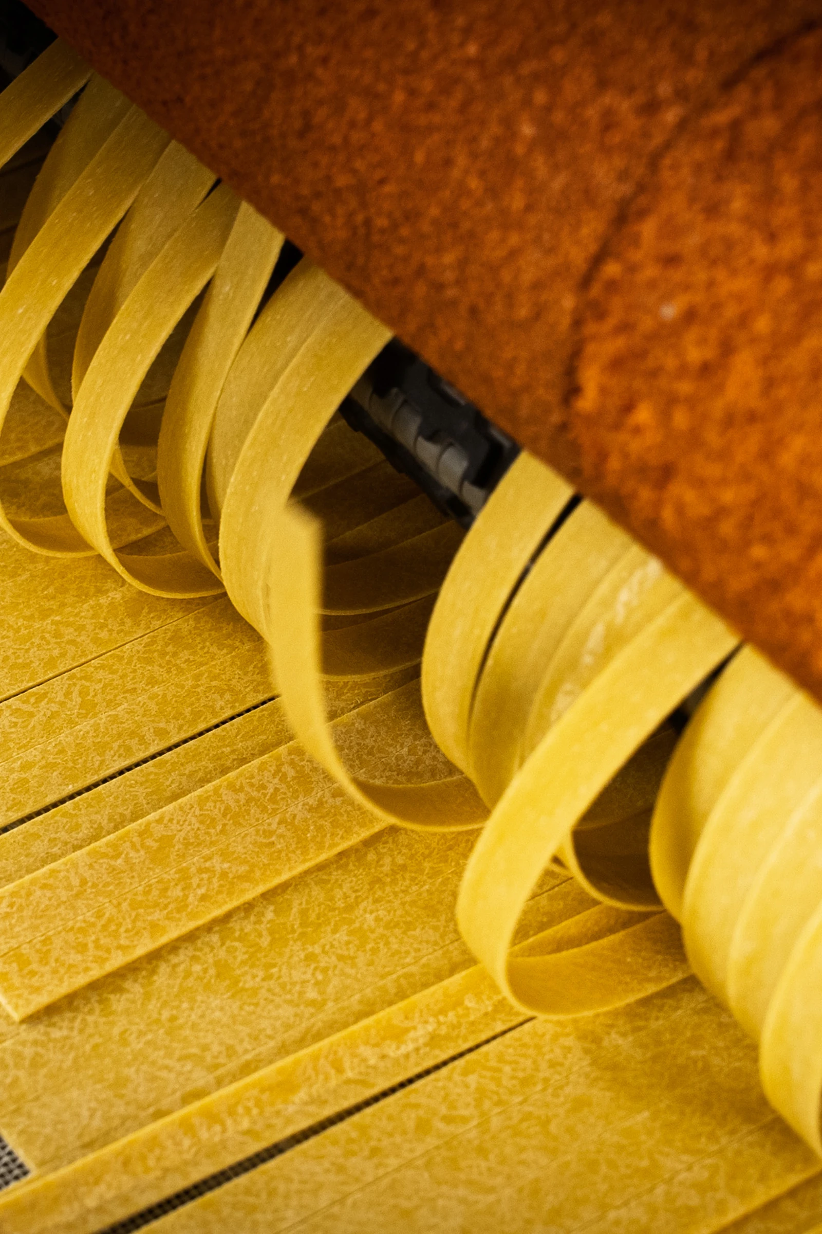 La pasta attraversa il macchinario durante una fase della lavorazione